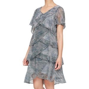 SLNY 12P NWOT Dress Green Blue Silver Sparkles Tiered Ruffles Petite 12